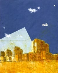 Klebemich VIII. Collage and ink on wood, 20 x 25 cm, 2010