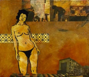 Klebemich XI. Collage and ink on wood, 24 x 21 cm, 2010