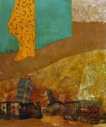 Klebemich XIII. Collage and ink on wood, 20 x 24 cm, 2010