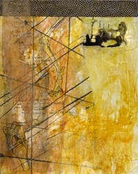 Klebemich XIV. Collage and ink on wood, 20 x 24 cm, 2010