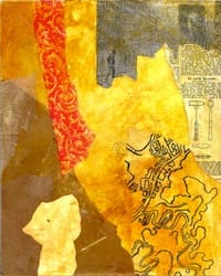 Klebemich XV. Collage and ink on wood, 20 x 25 cm, 2010