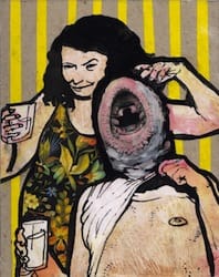 Klebemich XVIII. Collage and ink on wood, 20 x 25 cm, 2010