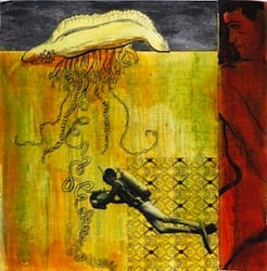 Klebemich XXVII. Collage and ink on wood, 22 x 22 cm, 2010