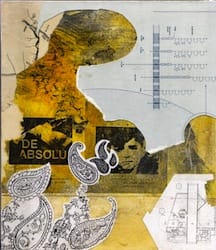 Klebemich XXXII. Collage and ink on wood, 21 x 24 cm, 2010