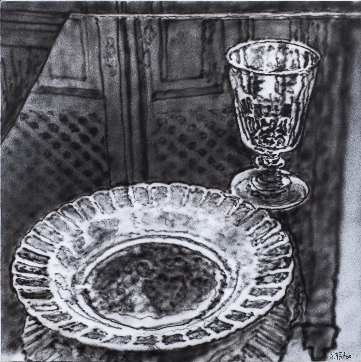 Glass and dish. Ink on paper, 30 x 30 cm, 2018