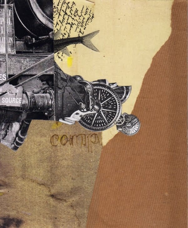 Klebemich XXX. Collage and ink on wood, 20 x 25 cm, 2010