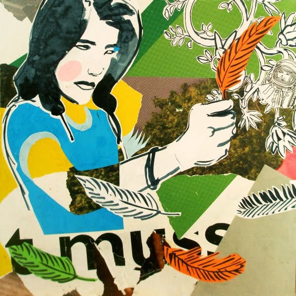 Feder. Collage and ink on wood, 55 x 55 cm, 2009