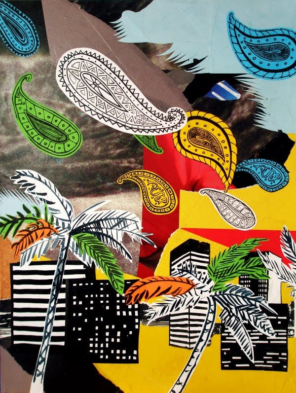 Der Angriff des Paisley. Collage and ink on wood, 60 x 80 cm, 2009